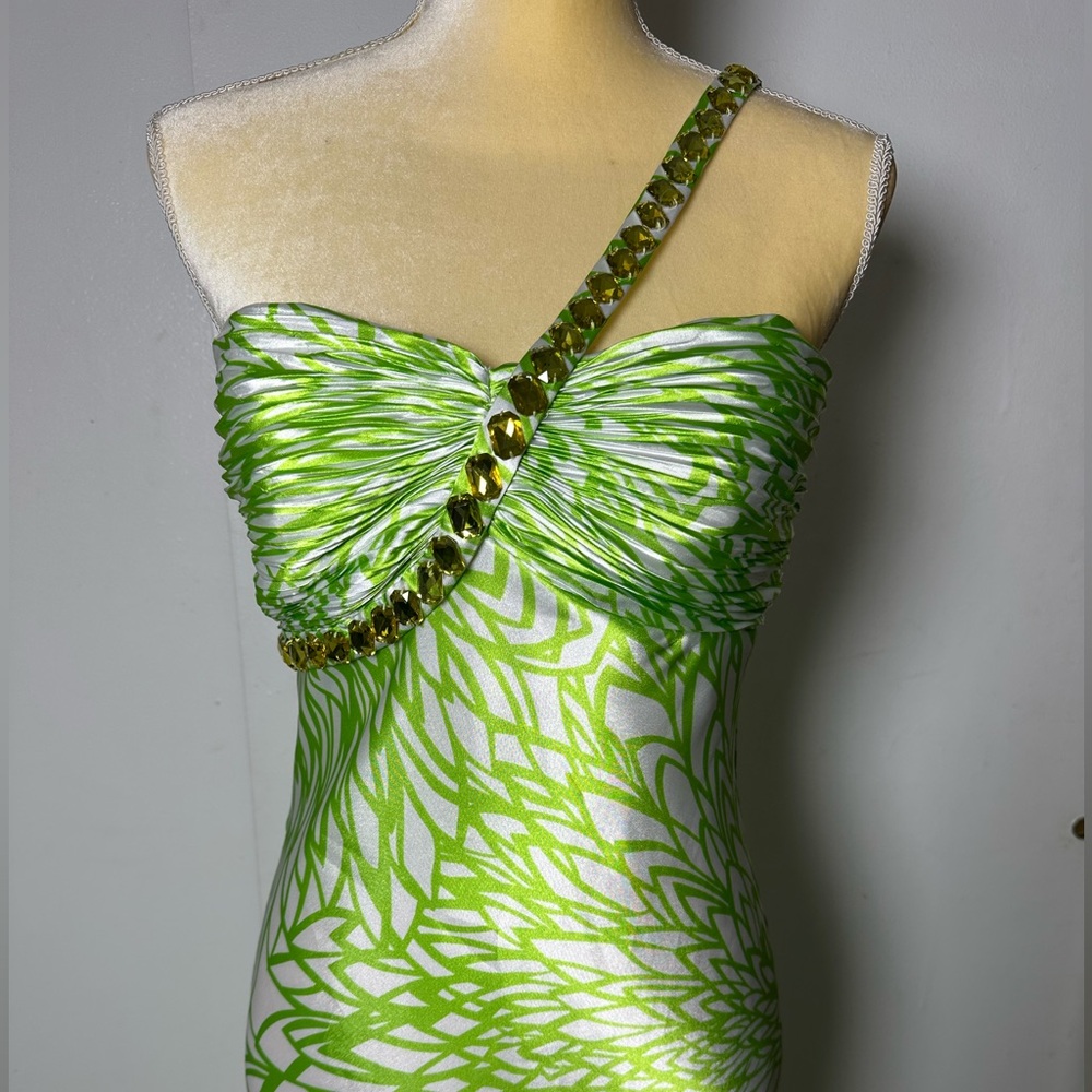 Morgan & Co Vintage Y2K Prom Gown Lime Green Silver 1 Shoulder Embellished 9/10 - Picture 4 of 12